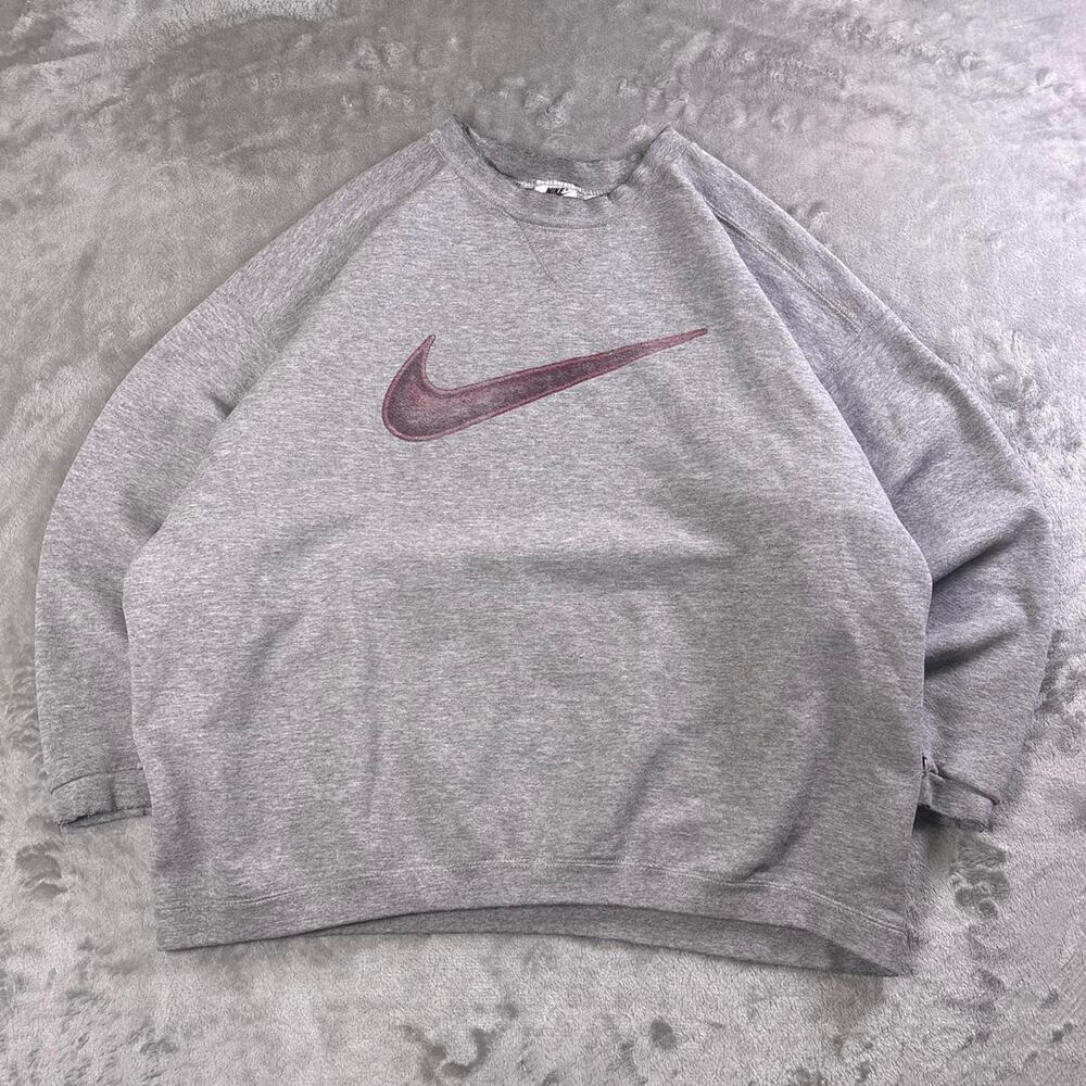 Vintage 90s Nike Big Swoosh Red Graphic Grey Sweatshirt Made In USA Wmns Sz L